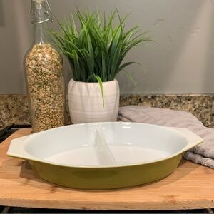 Vintage Pyrex Verde Olive Green 063 Oval Divided Dish Casserole Milk Glass